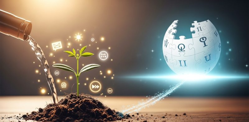 Seedling (metaphor for business, company, etc.) growing towards a distant Wikipedia symbol, representing brand notability
