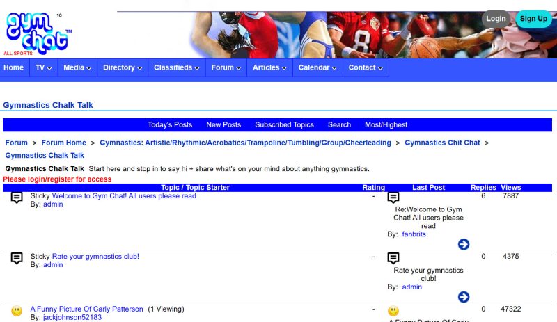 Gym Chat sports network forums, showing sticky topics on the top of the forum category