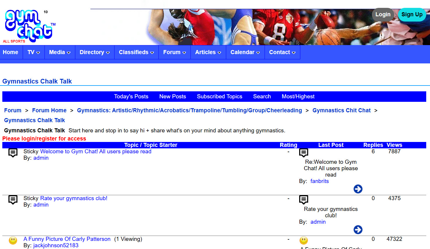 Gym Chat sports network forums, showing sticky topics on the top of the forum category