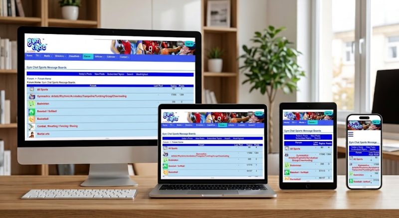 Gym Chat sports network forums website displayed on multiple devices, featuring responsive nature