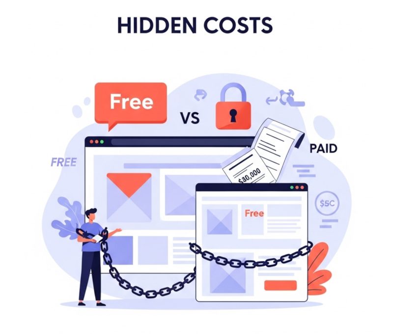 hidden costs, free website builders vs paid which give you flexibility and can cost less
