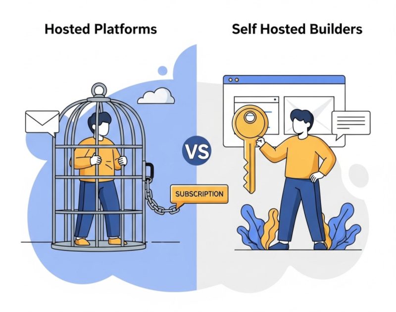 Hosted platforms (restricted in a cage with limits and their subscription fees) vs self-hosted website builders (you own your website and aren