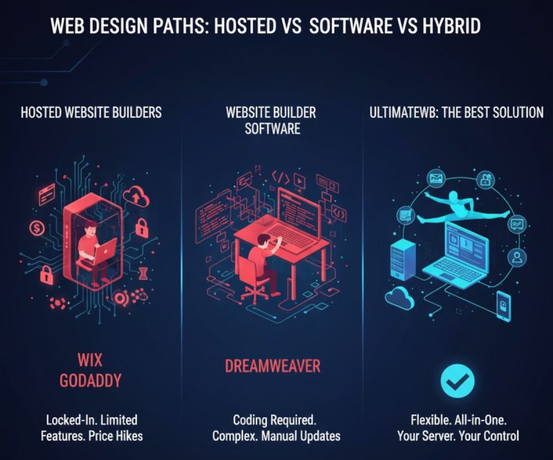 hosted website builders vs downloadable software vs hybrid