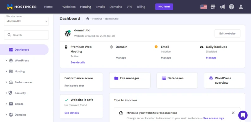 Hostinger proprietary web hosting control panel