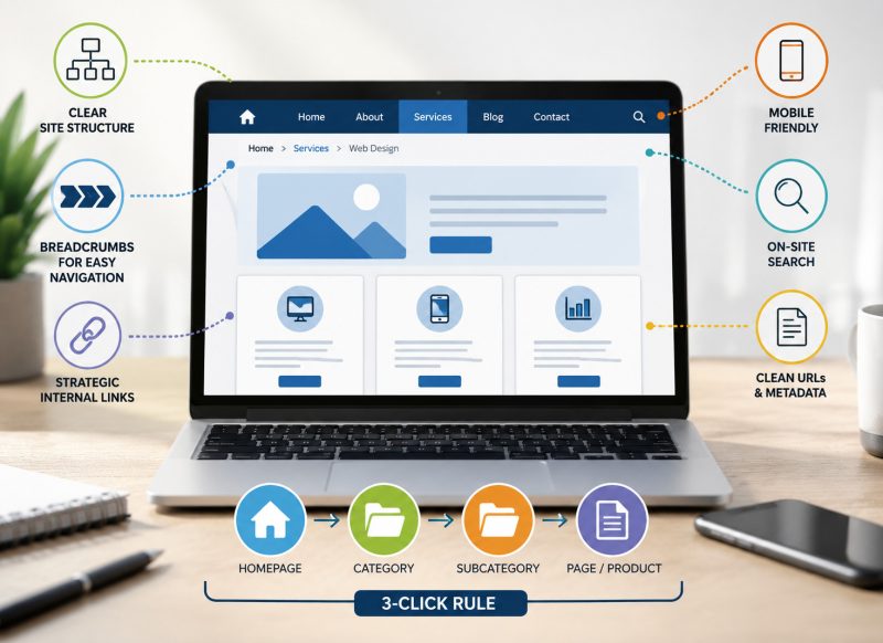 Website display on laptop, showing tips to optimize your website structure and navigation