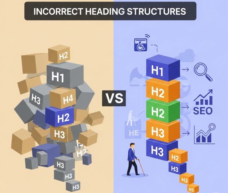 Incorrect heading structures vs clear heading structures - unreadable vs good SEO, accessibility, and engagement