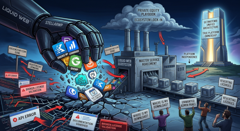 Liquid Web takeover of StellarWP WordPress plugins, including Kadence, Events Calendar, GiveWP, and LearnDash. WordPress users complain about changed rules and licenses.