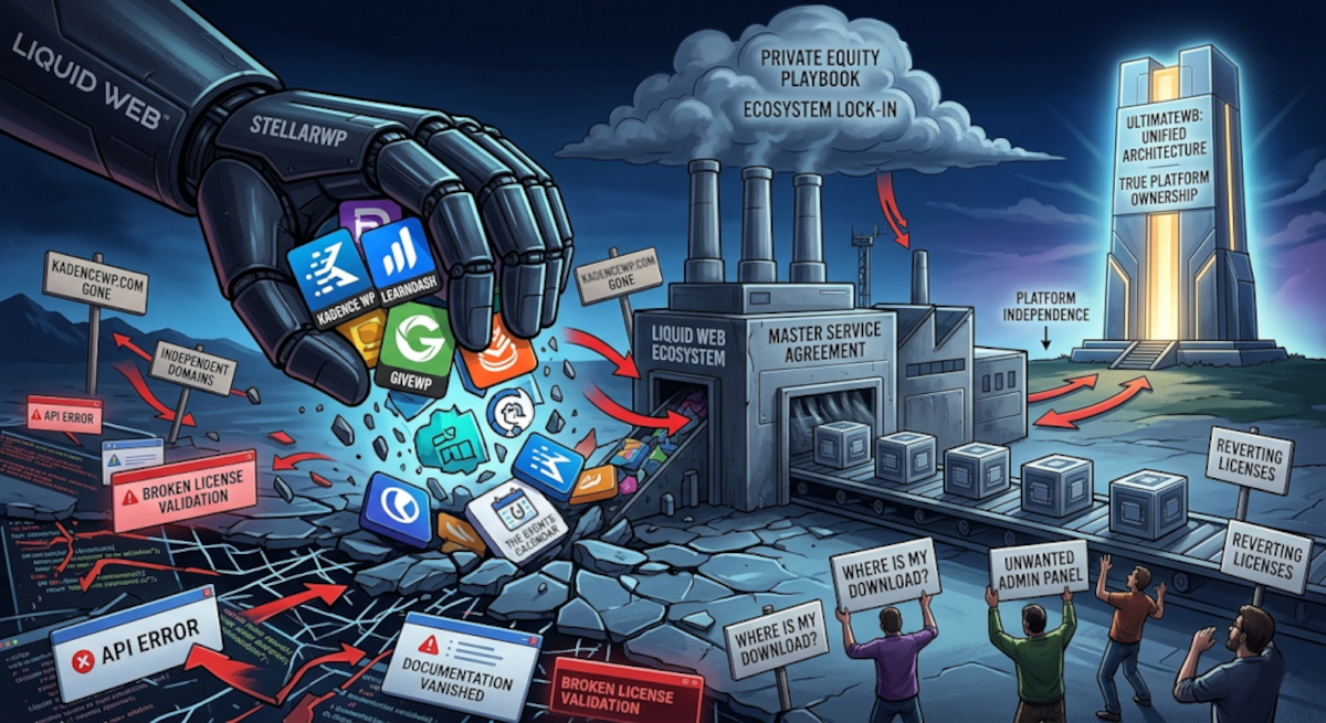 Liquid Web takeover of StellarWP WordPress plugins, including Kadence, Events Calendar, GiveWP, and LearnDash. WordPress users complain about changed rules and licenses.