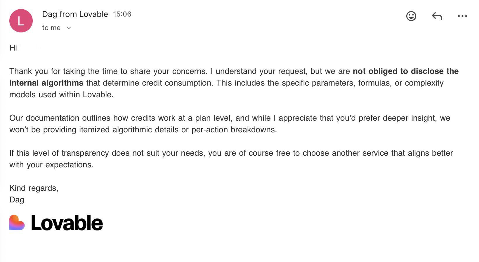 Lovable support response, won