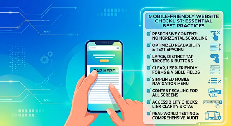 Checking website on mobile phone, while checking the mobile-friendly website checklist