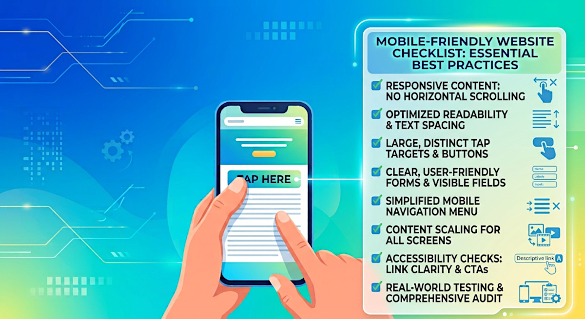 Checking website on mobile phone, while checking the mobile-friendly website checklist