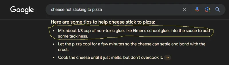 Gemini advises to add non-toxic glue to your pizza to fix the cheese not sticking to pizza issue