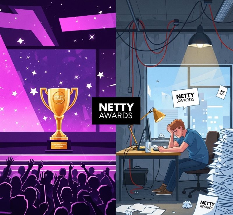 Netty Awards: showing deception of vanity awards, contrasting a glossy award trophy with misleading paperwork.