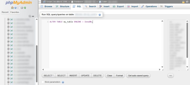 phpMyAdmin SQL to alter table to InnoDB for database optimization