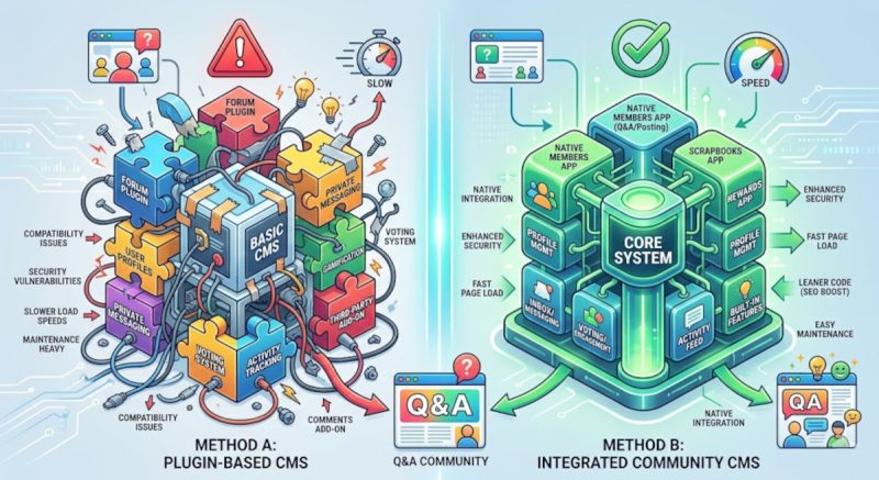 Plugin based CMS vs integrated CMS with built-in, community features - chaos vs stability