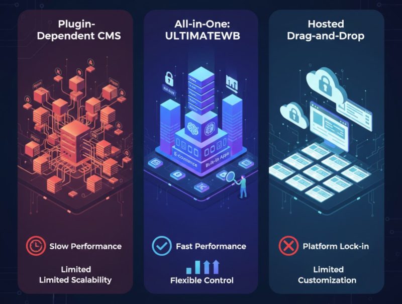 Plugin dependent CMS vs hosted drag and drop website builder vs flexible all-in-one website builder UltimateWB
