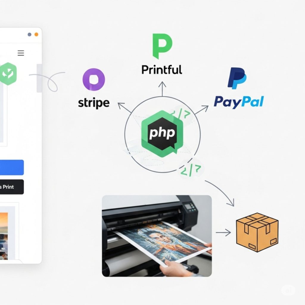 Printful, Stripe, PayPal integration in custom website via PHP, customer order prints setup