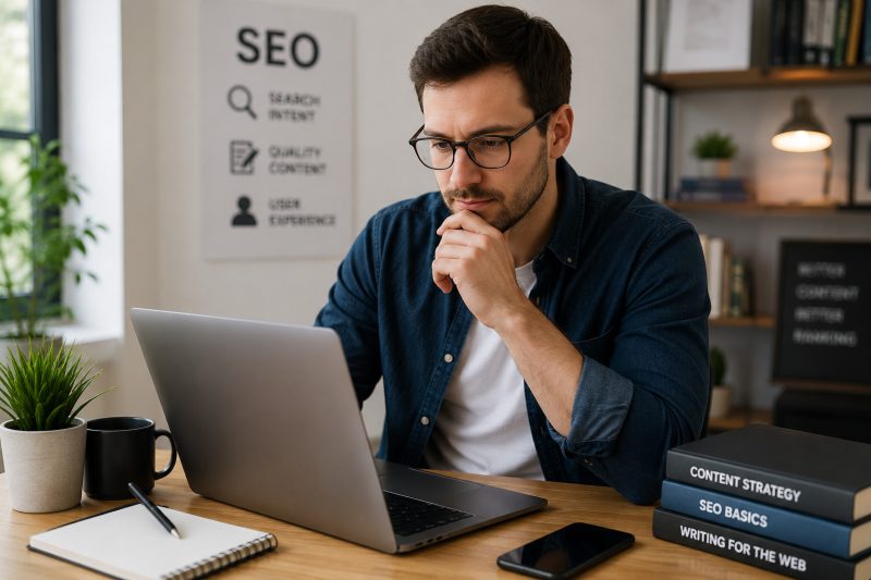 Professional writer working on a laptop, contemplating website content and SEO strategy