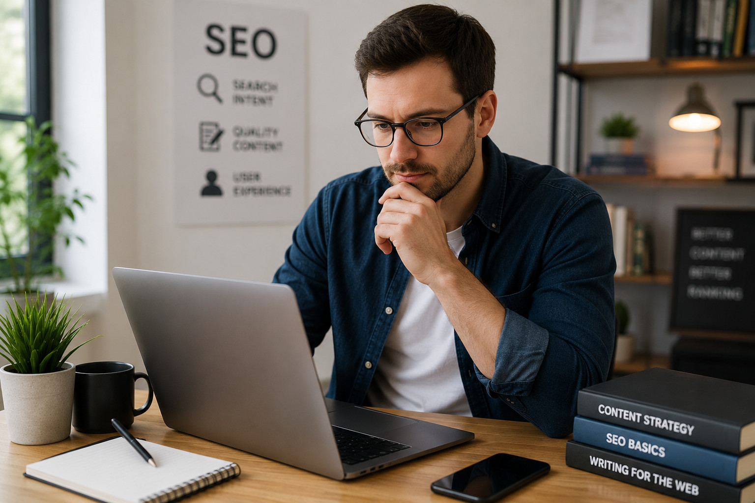 Professional writer working on a laptop, contemplating website content and SEO strategy