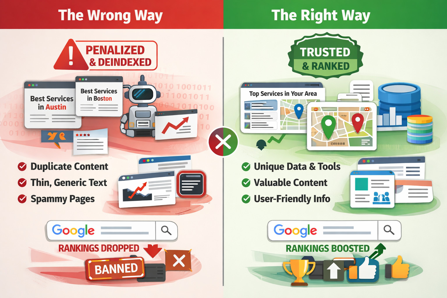 PSEO - the wrong way vs the right way - Google penalties vs traffic boost