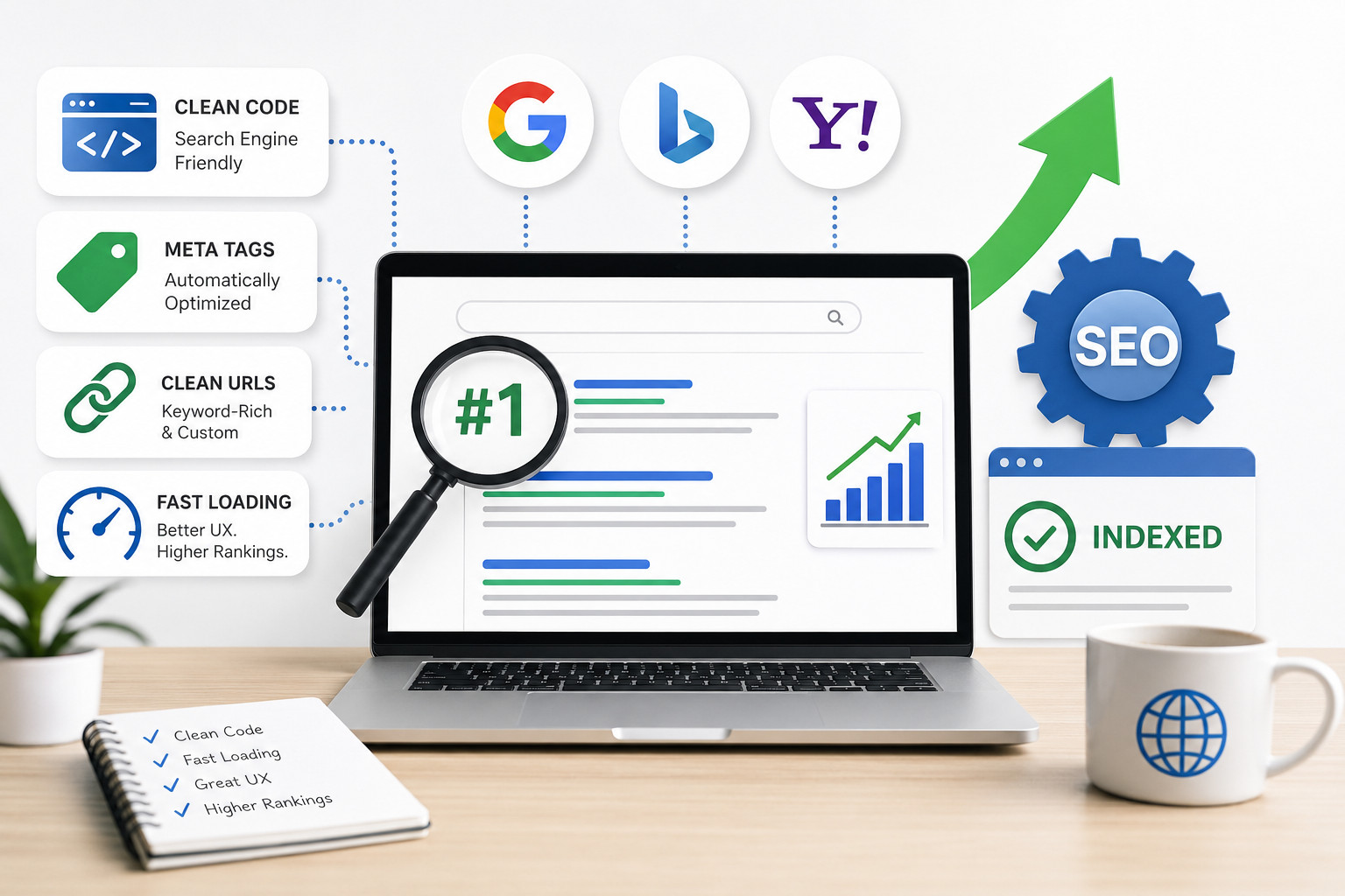 Ranking on the first page of Google, Yahoo, or Bing, and making sure your pages are indexed using good SEO techniques