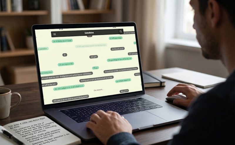 Reading Bill Gates Notes article on AI and healthcare jobs, header animation depicted on latop screen