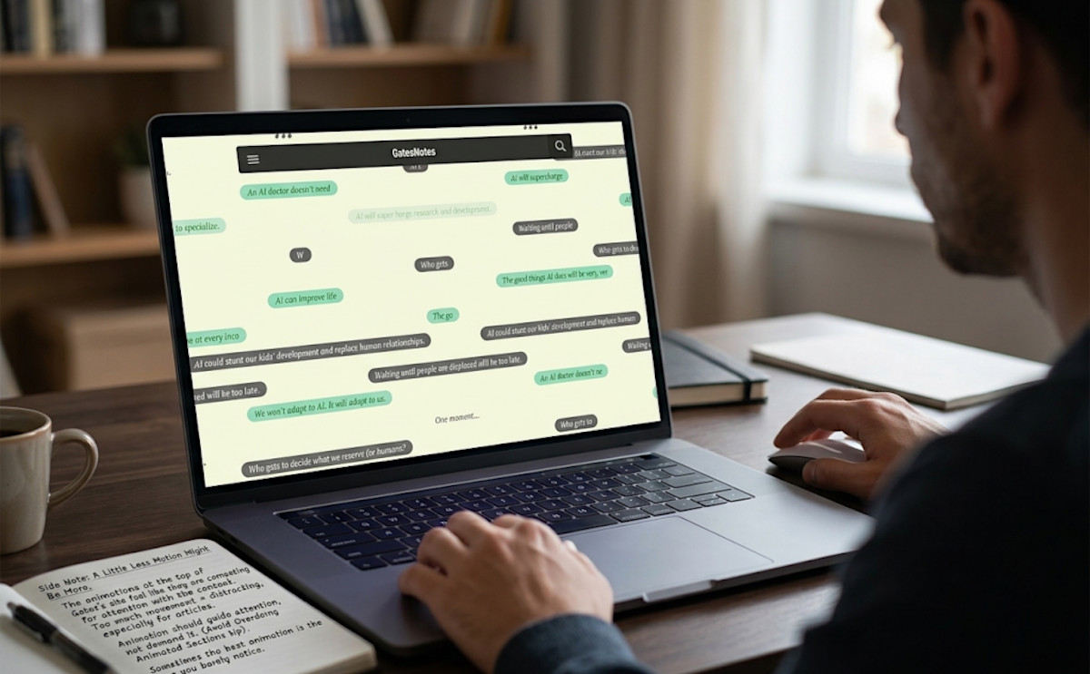 Reading Bill Gates Notes article on AI and healthcare jobs, header animation depicted on latop screen