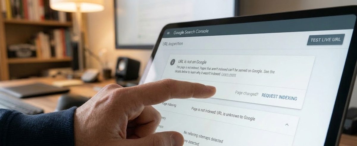 Hand pointing to the Request Indexing button inside the Google Search Console URL Inspection tool.