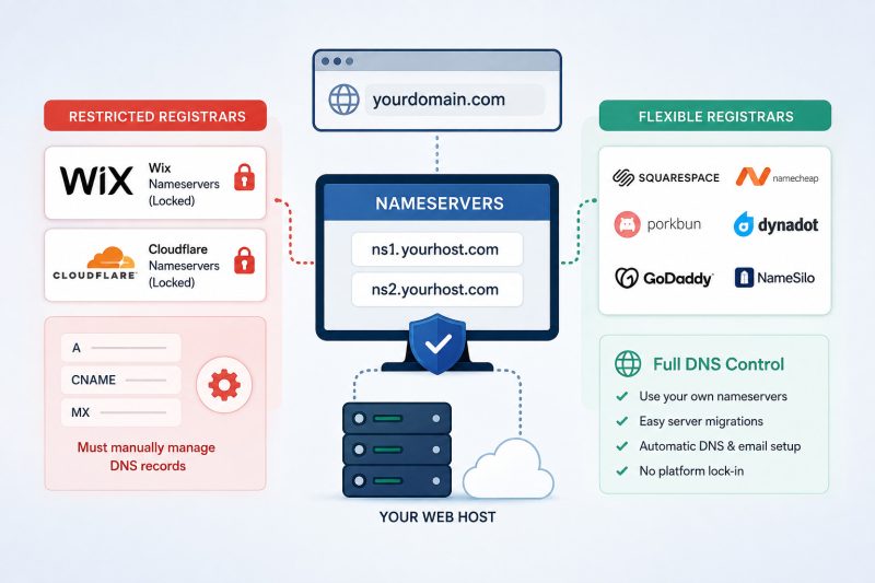 Restricted domain registrars like Wix and Cloudflare, vs flexible domain registrars that let you update your domain nameservers