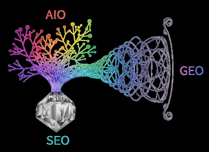 Relationship between SEO, AIO, and GEO, showing SEO as a foundation with AIO and GEO building upon or extending from it