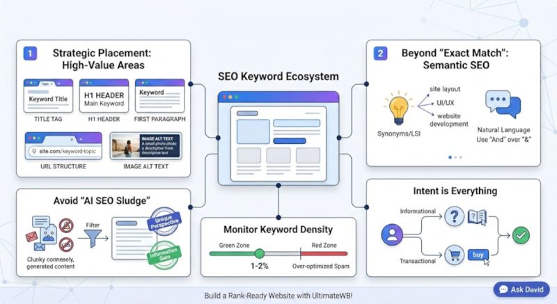 SEO tips infographic showing how to use keywords on your webpages for the best search engine rankings