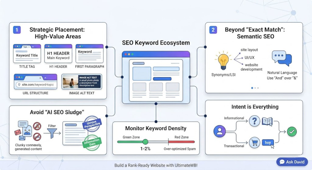 SEO tips infographic showing how to use keywords on your webpages for the best search engine rankings