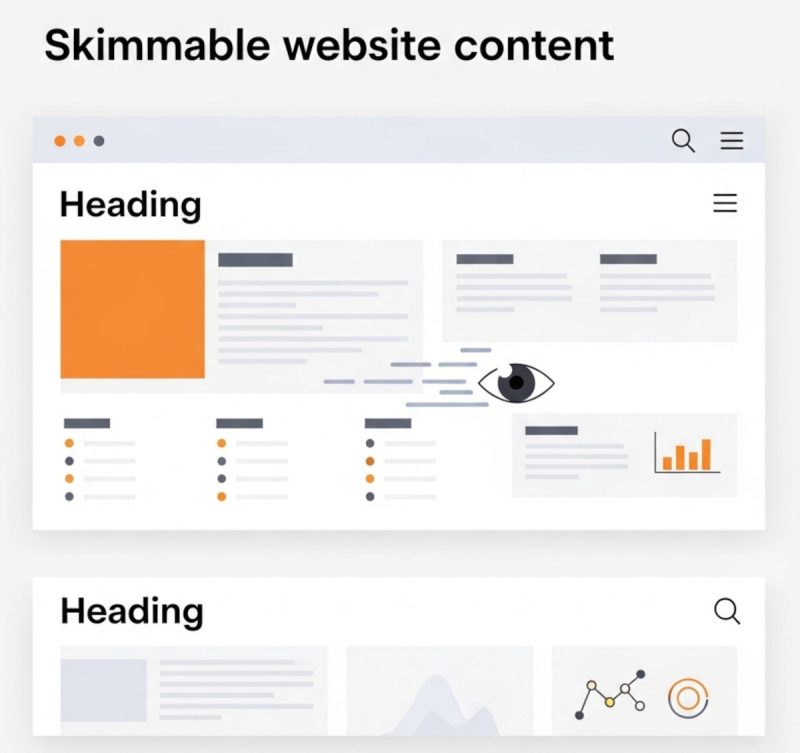 Skimmable website content: white space, good structure, readable, bullet points, infographics