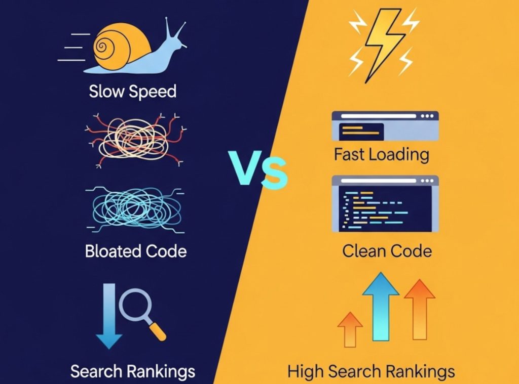 Slow vs fast website builders - bloat and messy code vs fast and clean code, leading to higher search engine rankings.