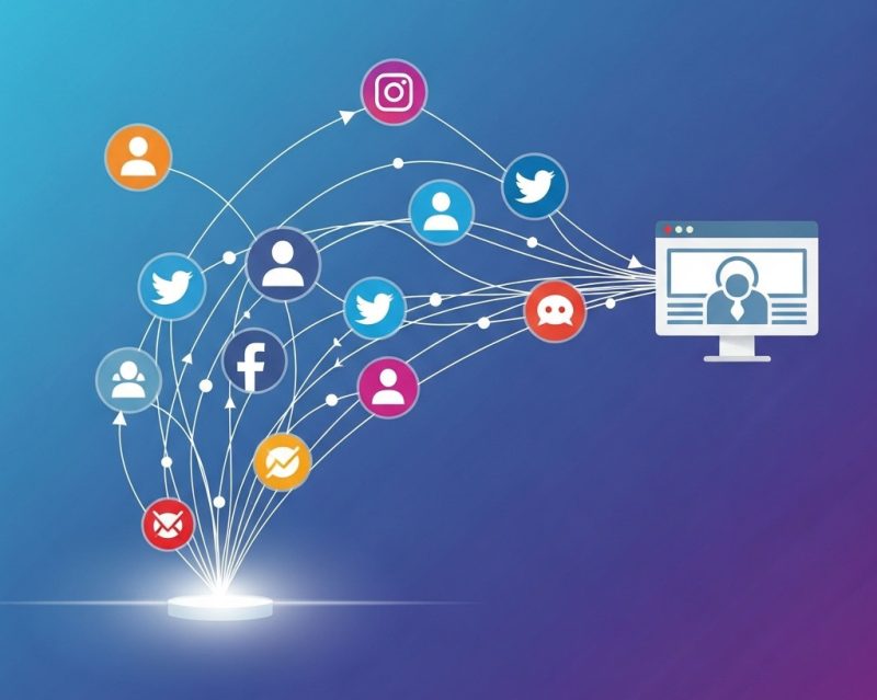Users from various social media icons flow along connecting lines towards a computer displaying a website, illustrating how engagement on social platforms leads to website traffic.