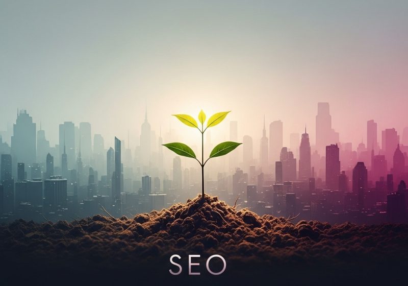 Abstract illustration of a new website (sapling) growing into visibility (cityscape) with early SEO.