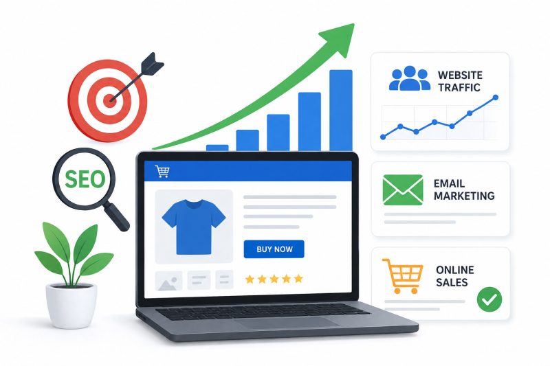 Strategies to boost online sales and increase website traffic, including SEO and email marketing