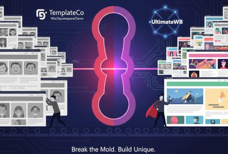 Templates and drag & drop website builders like Wix, Squarespace, or Canva, vs UltimateWB - break the mold - build unique