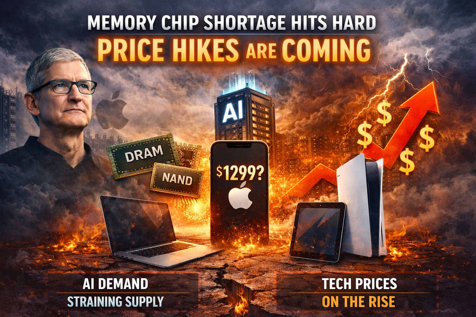 Tim Cook, Apple CEO, says price hikes are coming for devices like ipad, iphone, and laptop due to memory chip shortages amid the AI boom