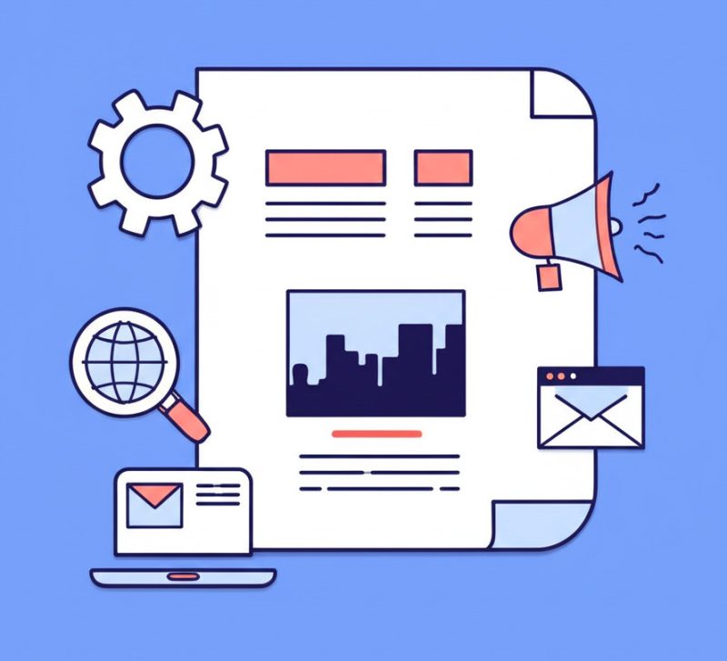 Simple illustration of a well-structured blog post document accompanied by icons representing SEO elements like research, technical optimization, visuals, and promotion.