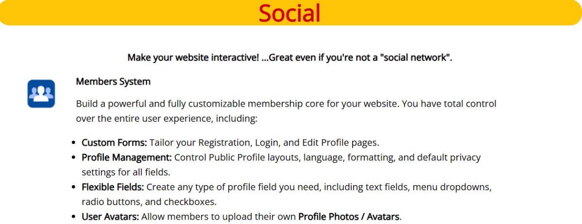UltimateWB built-in features, include social