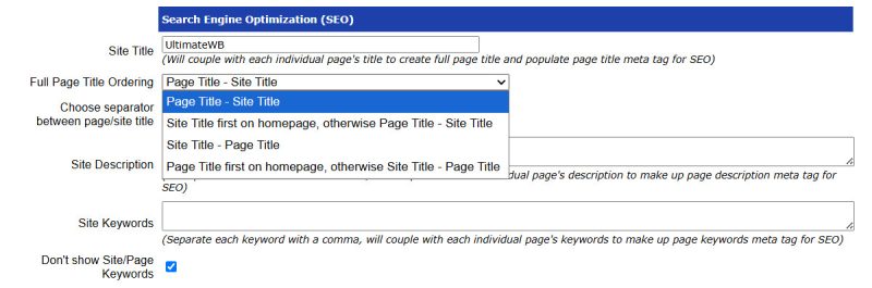 UltimateWB built-in SEO tool, set meta title tags, meta descriptions