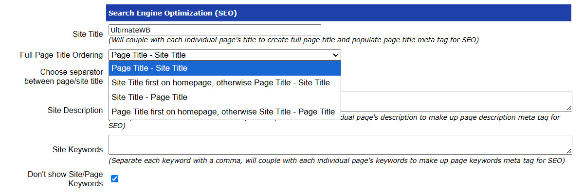 UltimateWB built-in SEO tool, set meta title tags, meta descriptions