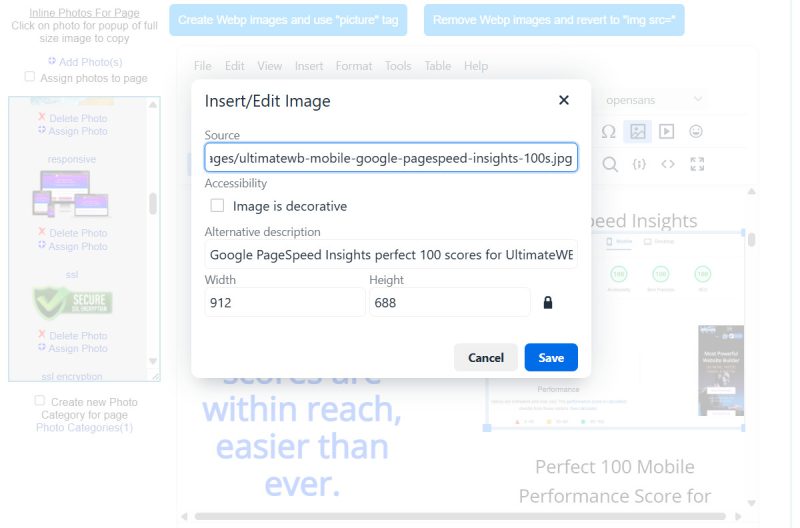 UltimateWB CMS, Page Editor Box, setting the alt text (alternative description) field for the image