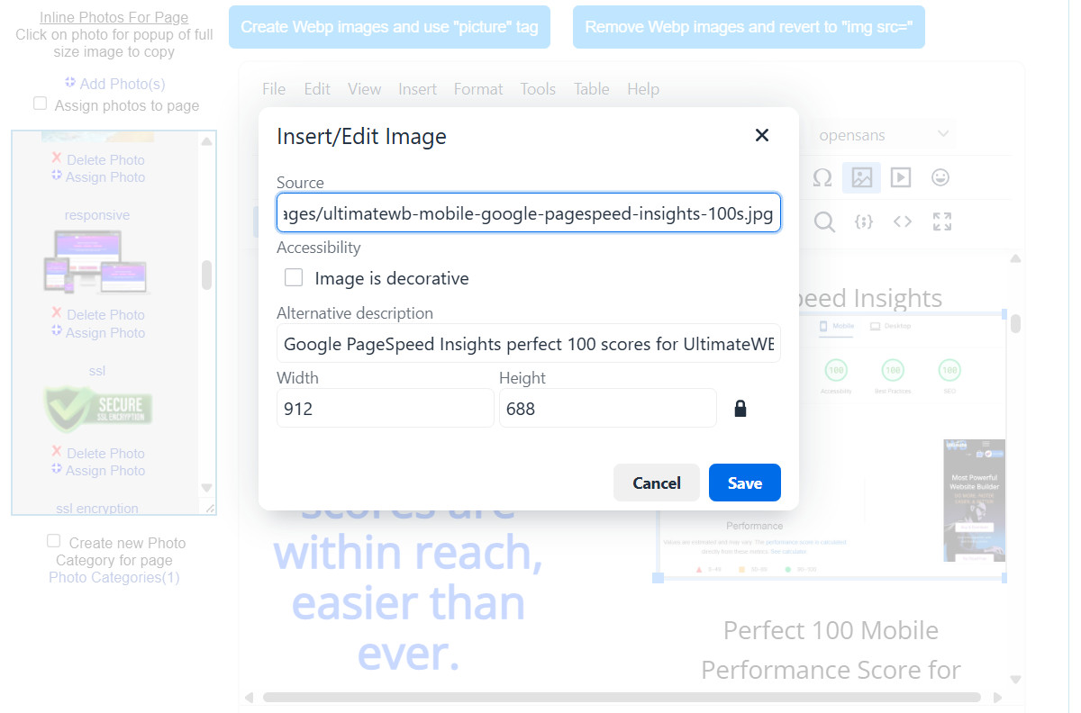 UltimateWB CMS, Page Editor Box, setting the alt text (alternative description) field for the image