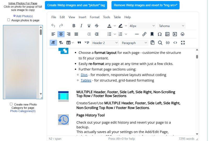 Easy WYSIWYG page editor in the UltimateWB website builder admin panel