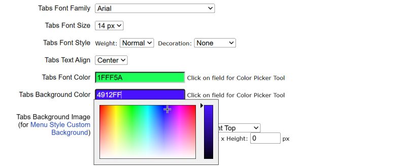 UltimateWB Styles Manager, choosing the menu tabs font and background colors
