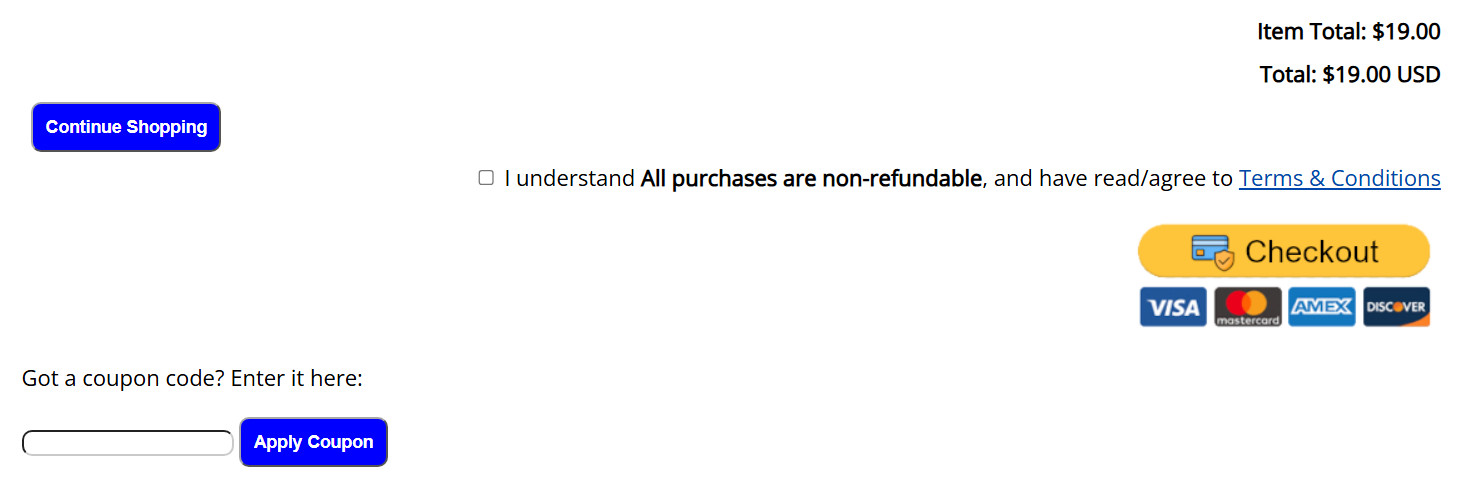 UltimateWB View Cart page, showing where to enter a coupon code if you have one