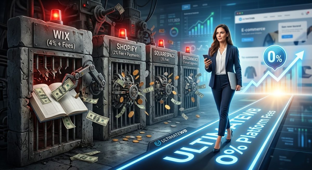 Comparison of UltimateWB 0% fees versus transaction fees from Wix, Shopify, Squarespace, and BigCommerce