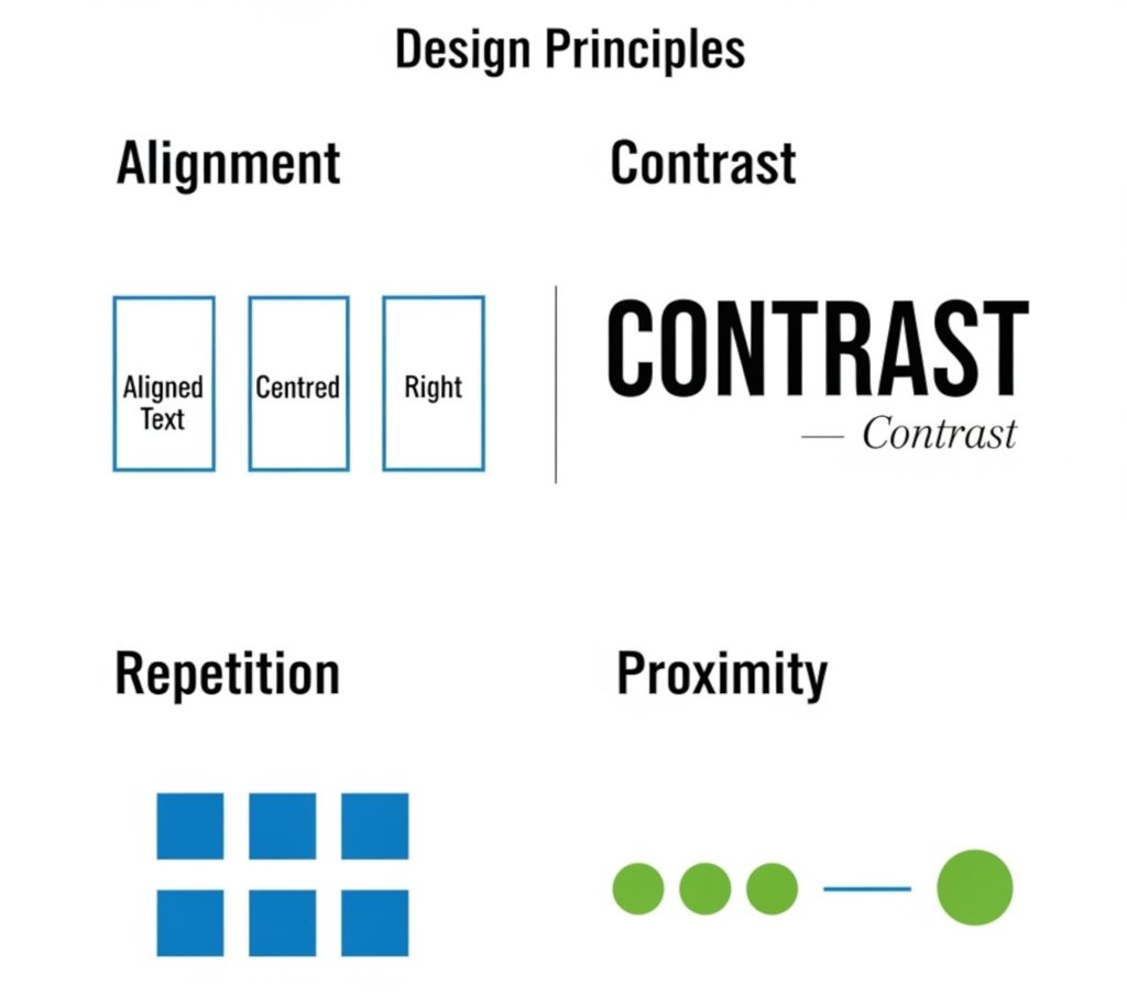 Web Design principles, easy tips: alignment, contrast, repetition, proximity